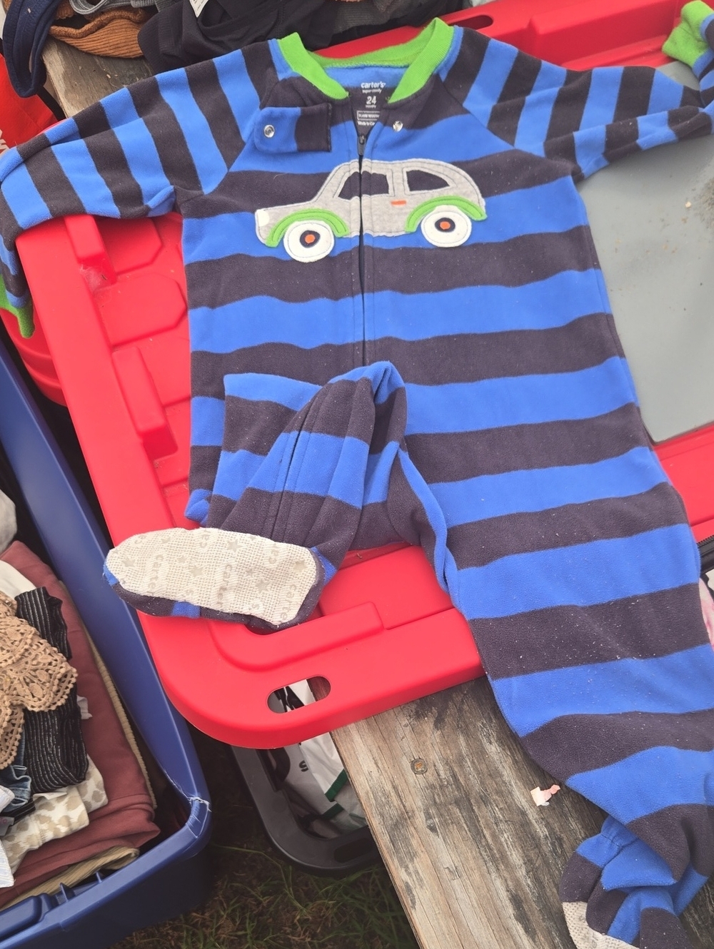 Carter's Blue & Navy Striped Kids Footed One-Piece with Car Patch